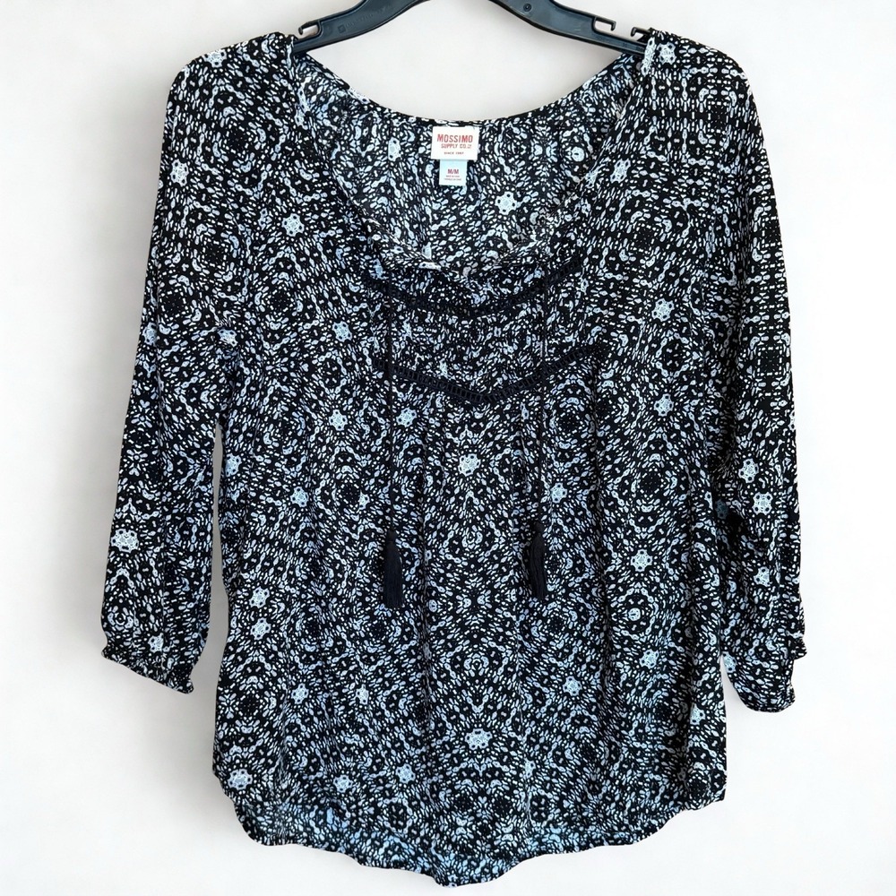 Mossimo Women's Blouse M‎ Boho Black White Print Peasant Top 3/4 Sleeve Tassels